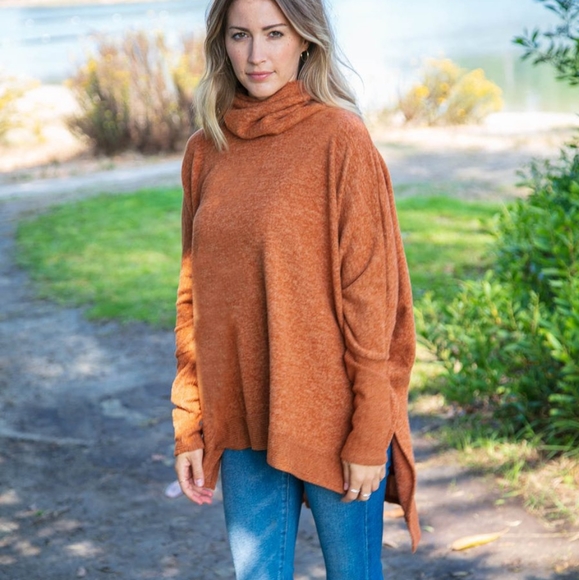 CAMEL BRUSHED MELANGE COWL NECK PONCHO SWEATER - Picture 6 of 8